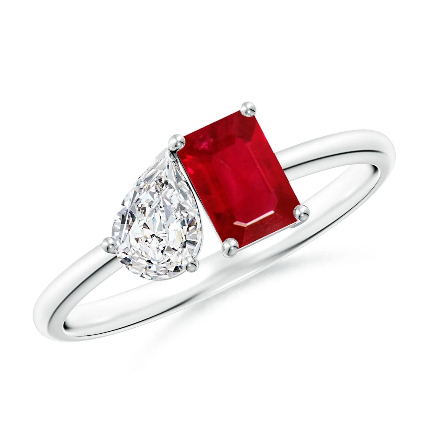 14k Solid Gold Classic Two-Stone Emerald-Cut Natural Red Ruby Stone & Pear Diamond Engagement Ring Fine Jewelry Toi Et Moi Ring