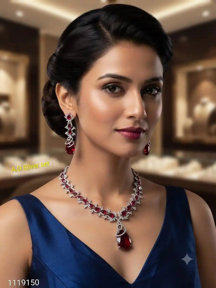 Luxury Silver Plated American Diamond Ruby Red Stone Pendant Necklace Set for Women Designer Wedding Party Wear Jewelry Gift