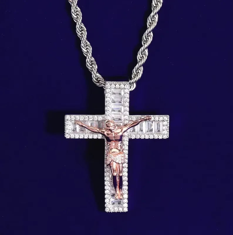 BiG-BOSS Iced Out Cross Pendant for Men with Sterling Silver Jesus Figure Freshwater Pearl Moissanite Luxury Hip Hop Jewelry Style Party
