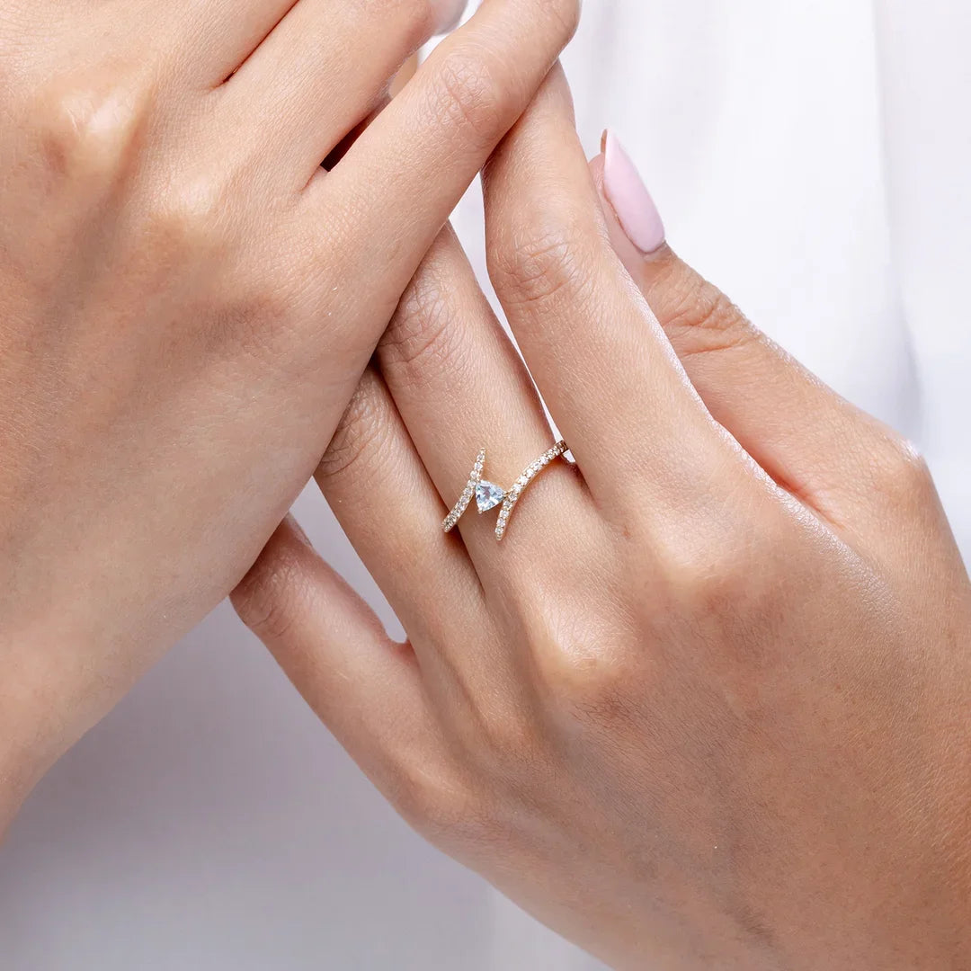 Classic Trillion Aquamarine Pisces Bypass Ring with Diamonds Handmade Customized Fine Jewelry Wedding Engagement 14K Solid Gold