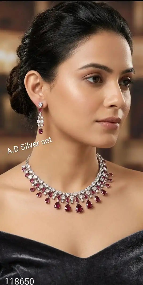 Luxury Silver Plated Ruby Red CZ Teardrop Necklace Set with Earrings Bridal Wedding Party Wear Fashion Jewelry Women Set Women