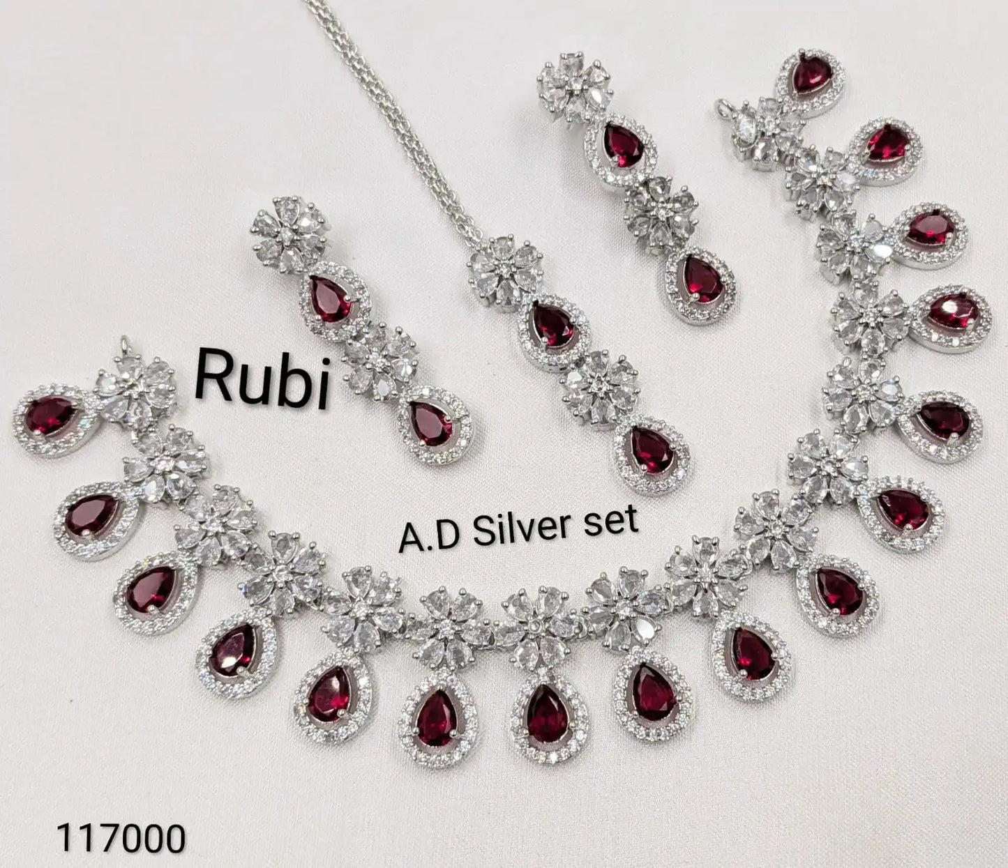 Luxury Ruby AD Silver Necklace Set with Earrings Premium CZ Stone Bridal Wedding Party Jewelry for Women OEM Export for Women