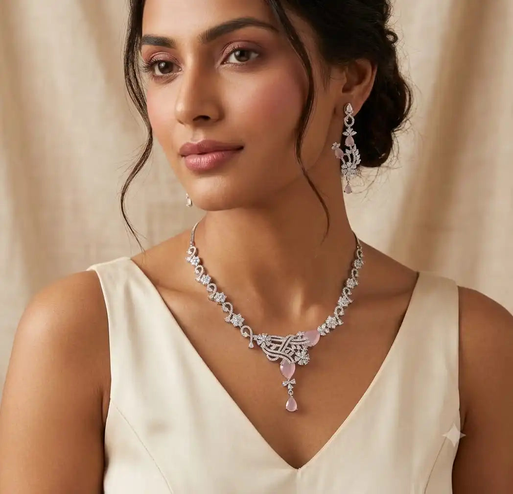 Designer Silver AD Mint Green Stone Necklace Set & Cubic Zirconia Diamond Party Wear Wedding Bridal Jewelry for Women Wholesale