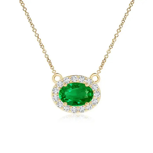 14k Solid Gold East-West Oval Cut Natural Emerald Gemstone Pendant Necklace With Diamond Halo Certified Handmade Fine Jewelry