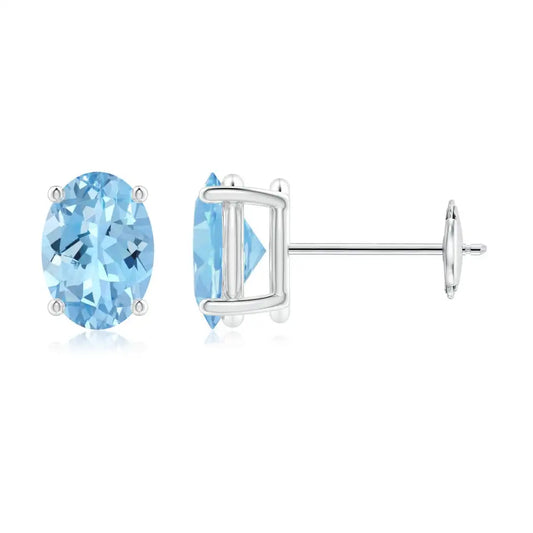 Natural Blue Aquamarine Stud Earrings Oval Cut White Gold Solitaire Earrings March Birthstone Fine Jewelry for Women