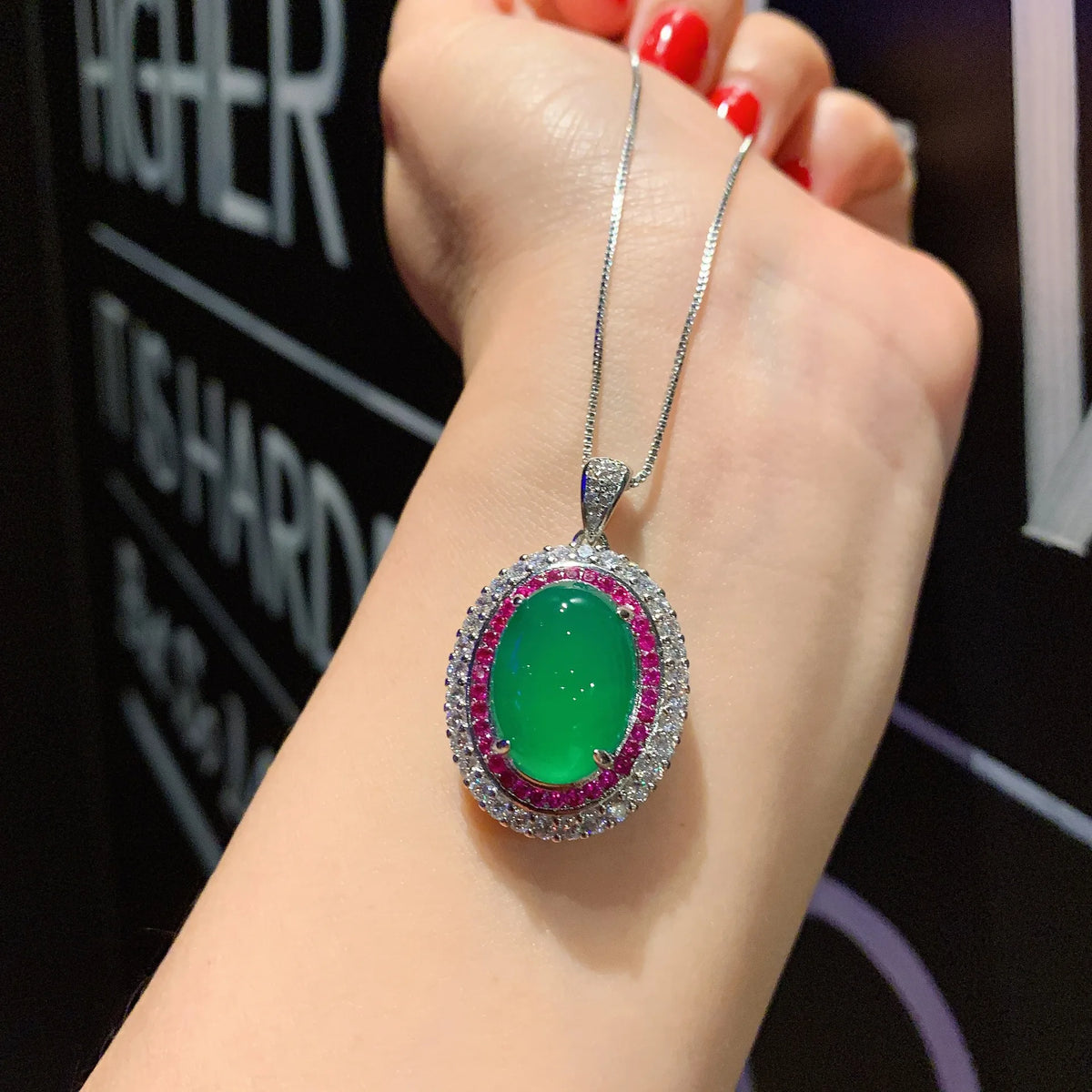 Gemfiori Luxury Oval Cabochon Green Chalcedony Double Halo Ruby White CZ Pendant Necklace Ring Earring Simulated Emerald Jewelry Set Gift