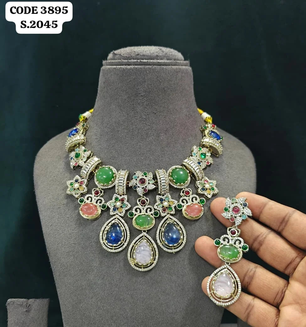 Luxury Antique Silver Finish Victorian Necklace Set with Green White Stones Designer Bridal Wedding Party Jewelry Set