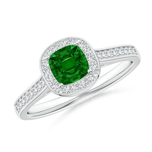 14K Solid Gold Classic Cushion Cut 0.63Ct Green Emerald 0.21Ct Halo Diamond Engagement Ring 2026 New Design Certified Gold Ring