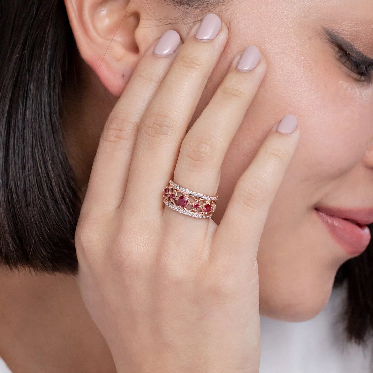 14k Solid Gold Art Deco Designer Ring Classic Engagement Cluster Ring Art Deco Inspired Graduated Ruby and Diamond Ring OEM