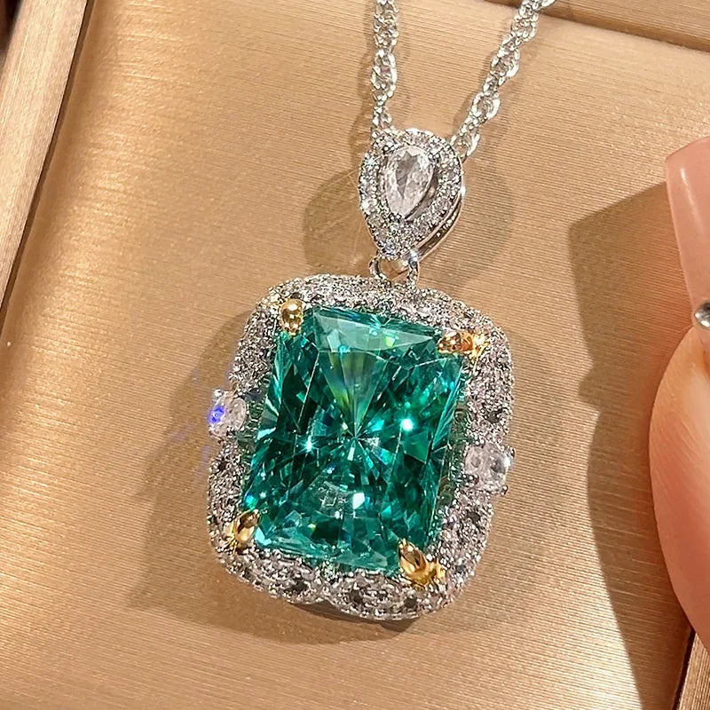 Gemfiori Luxury Retro Paraiba Green Gem Jewelry Set Copper Gold Plated Cushion Cut Green Rhinestone Halo Pendant Necklace Earrings Rings