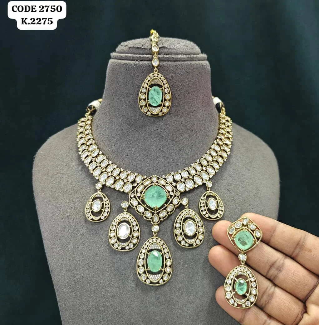 Luxury Emerald Kundan Necklace Set for Women Gold Plated CZ Bridal Wedding Party Traditional Jewelry with Earrings For Women Set