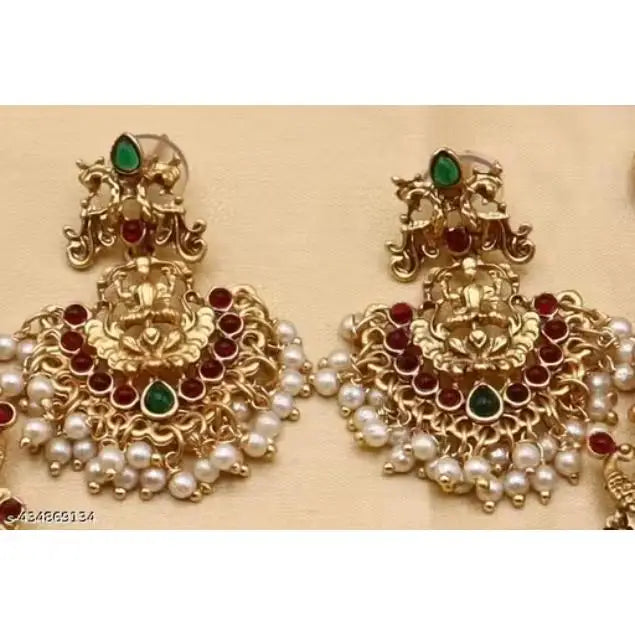 LATEST LAXMI TRADITIONAL SOUTH INDIAN TEMPLE GOLD PLATED CROWN CHOKER NECKLACE SET Bezel Set Stones Third Party Certified