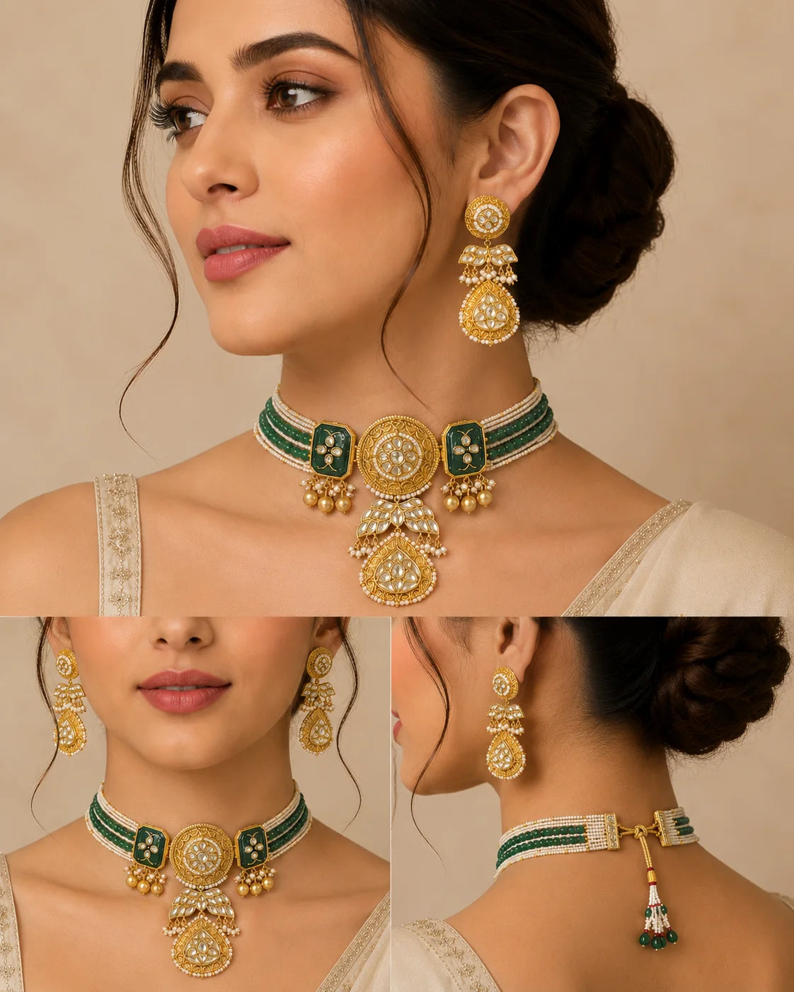 TISHYA DIAMOND Gold Plated Copper Alloy Ethnic Bezel Set Choker Necklace Set Onyx Stones Strand Tassel Women Wedding Hinduism