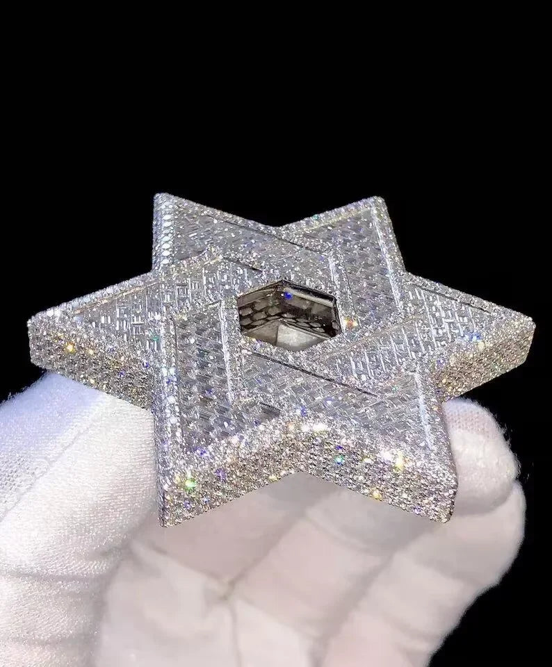 BiG-BOSS Iced Out Star Pendant Silver Tone Geometric Six Point Hip Hop Jewellery for Men and Women Fashion Statement Necklace Charm Style
