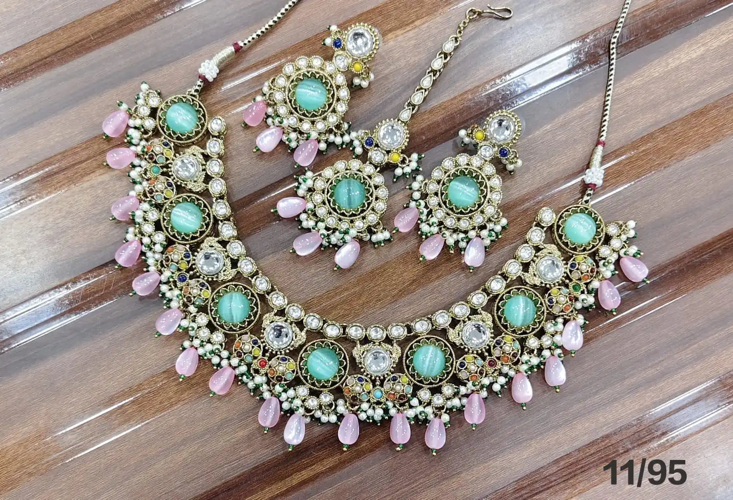 Luxury Antique Gold Plated Kundan Necklace Set with Ruby Mint Green Beads, Earrings, Maang Tikka Bridal Wedding Jewelry Set