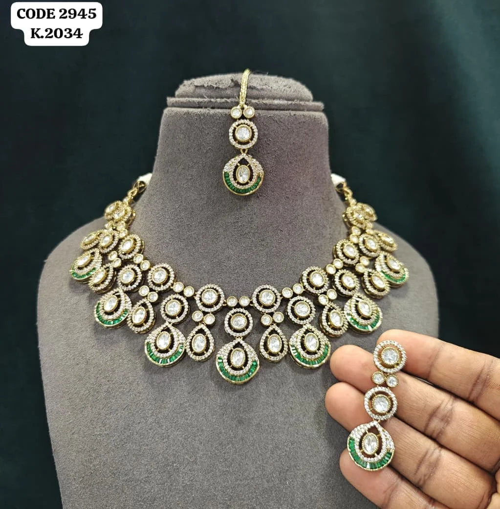 Luxury Kundan Necklace Set with Pear Drop Stones, Gold Plated Bridal Wedding Jewelry Set with Earrings and Maang Tikka Set