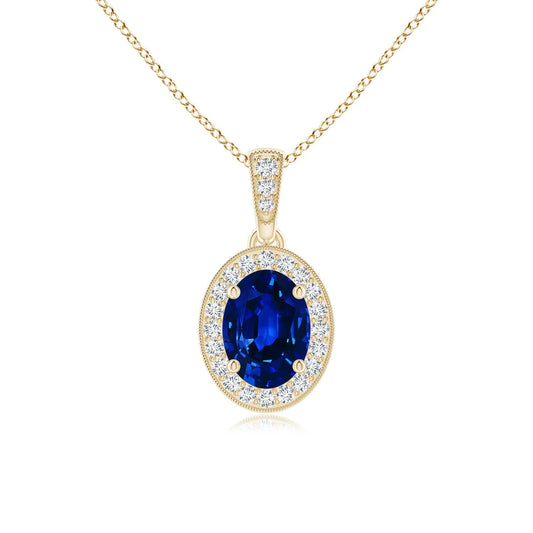 14k 18K Gold Vintage Style Oval Blue Sapphire Gemstone Pendant With Diamond Halo Sett Daily Wear Handmade Fine Jewelry Pendant