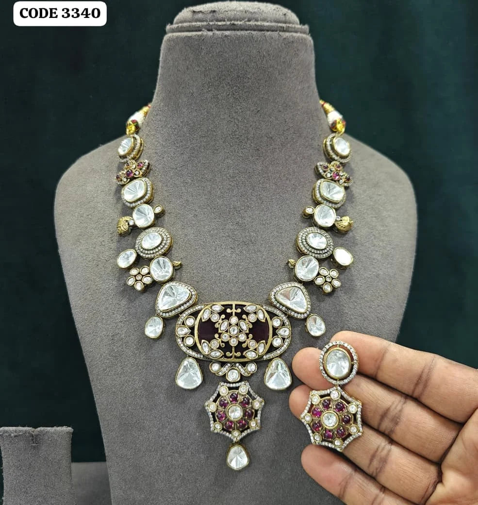 Antique Gold Plated Kundan Statement Necklace Set with Red Enamel Floral Pendant Earrings Wedding Jewelry Set For Women