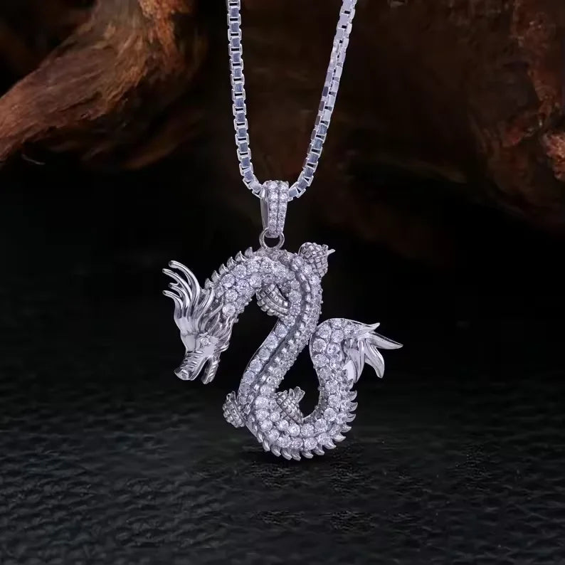 BiG-BOSS Iced Out Dragon Pendant for Men with Moissanite Stones in Luxury Hip Hop Silver Jewelry Style for Party