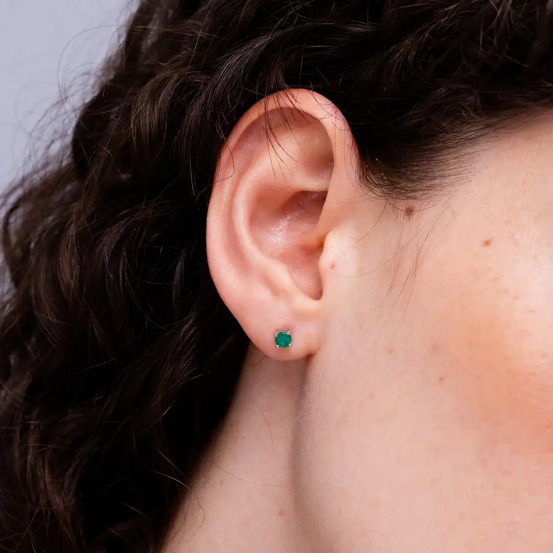 Round Cut Emerald Stud Earrings, 14kt Solid Gold Prong Set Engagement Women Fine Studs Luxury Earrings May Birthstone Jewelry