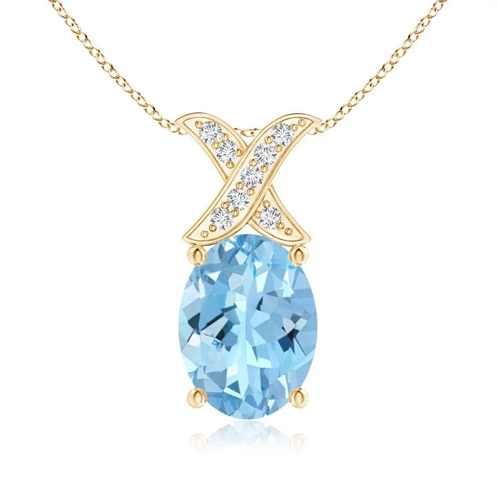 14K Solid Gold Natural Oval Cut Aquamarine "XO" Shape Pendant With Diamonds Inlaid Unisex Fine Jewelry Birthstone Luxury Pendant