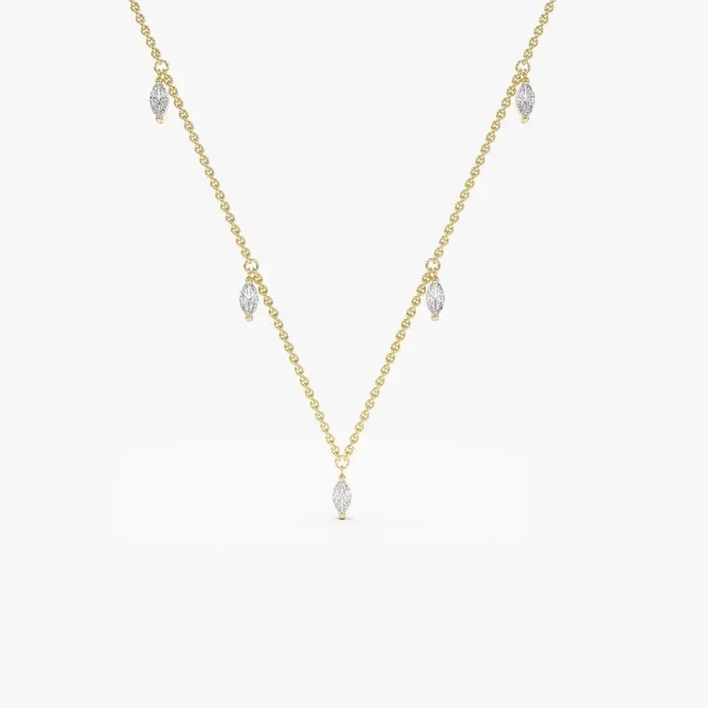 9K Solid Gold Brilliant Cut Natural Dangling Diamond Dainty Bridal Engagement Necklace 5 Stones 0.36 Cts Unisex Multi Diamond
