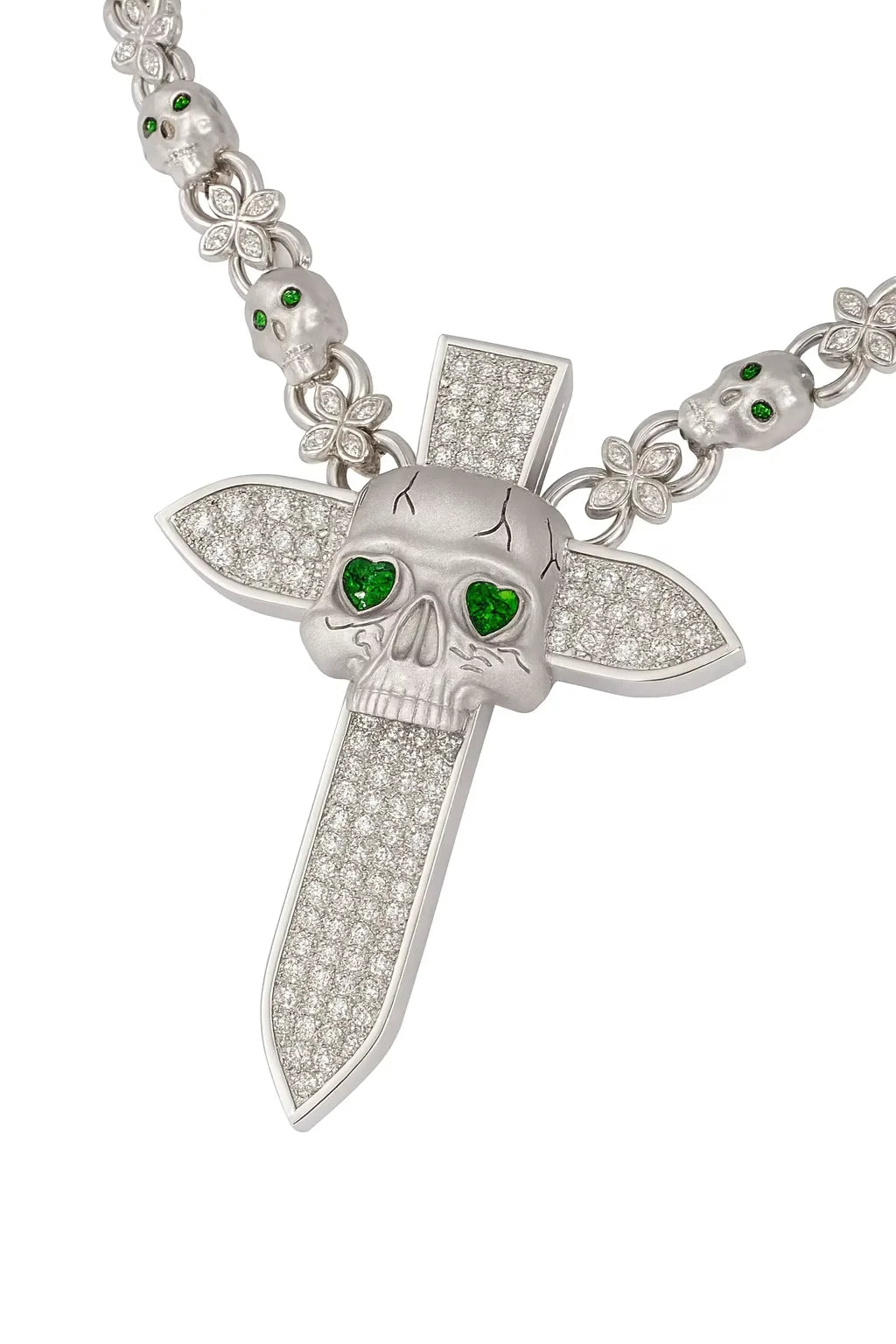 BiG-BOSS Iced Skull Sword Pendant Necklace Green Bezel Setting Moissanite Eyes 925 Sterling Silver for Men Hip Hop Gothic Luxury Fashion