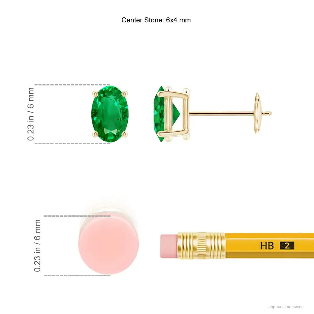 Classic Oval Emerald Stud Earrings in 14kt Yellow Gold with Minimalist Four Prong Basket Setting Gift for Girlfriend