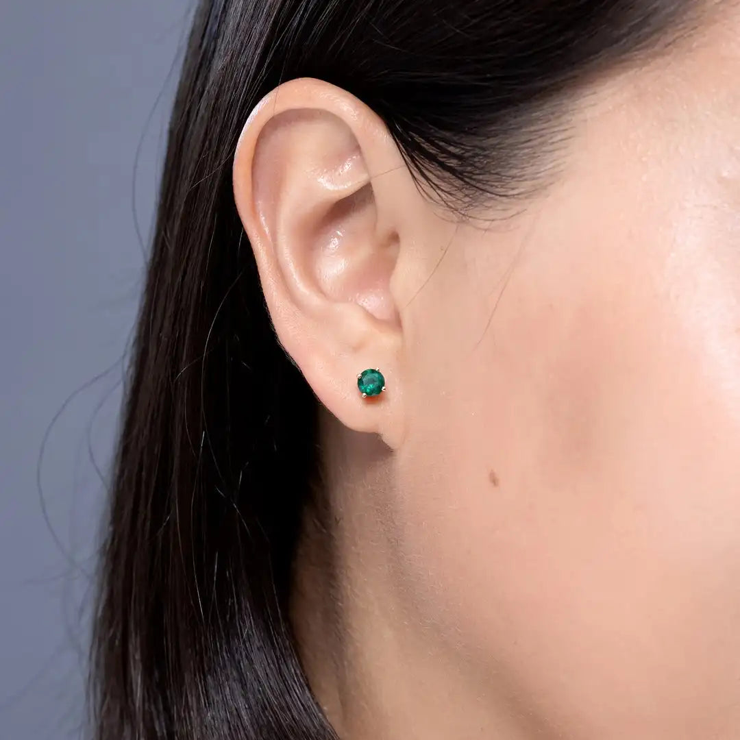 Round-Cut AAAA Natural Emerald Gemstone Studs Earrings, 14kt Yellow Gold Minimalist May Birthstone Screw Back 4 Prong Earring