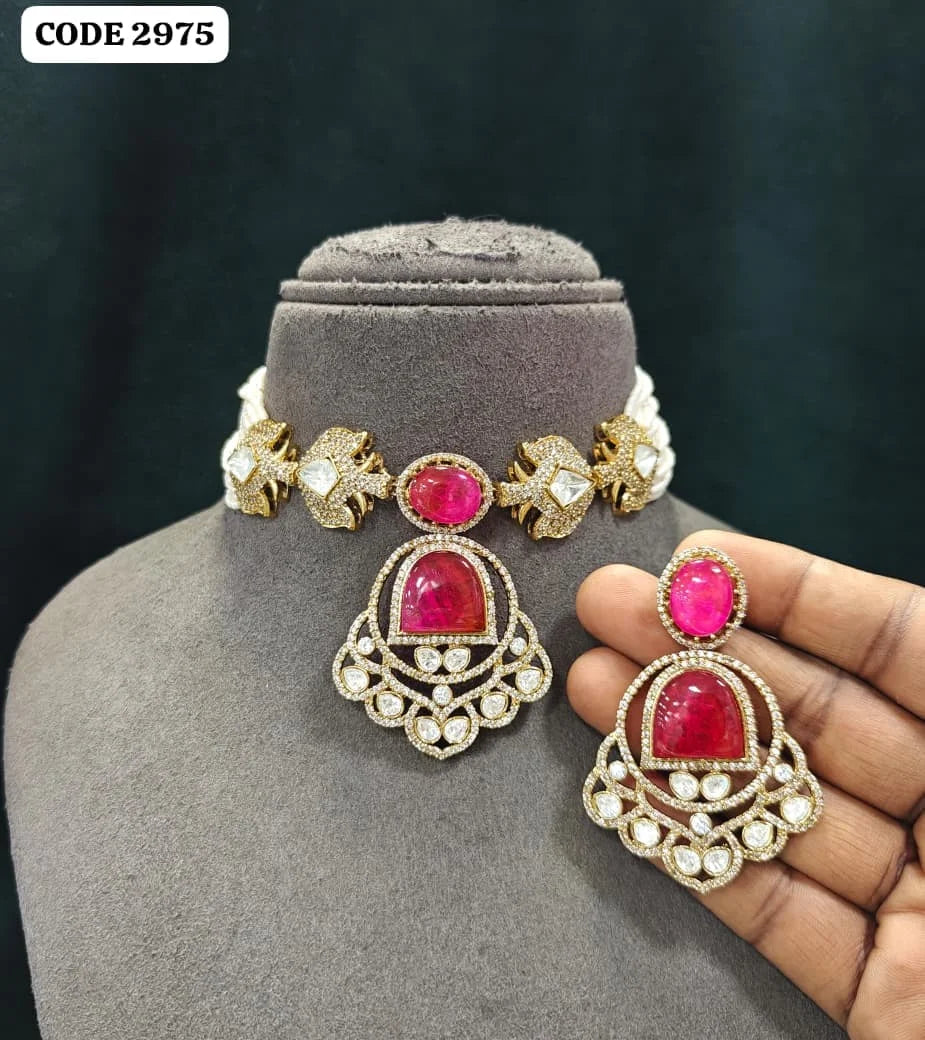 Luxury Ruby Pink Kundan Choker Necklace Set Gold Plated Brass Wedding Party Wear Bridal Jewelry for Women Collection  Product Na