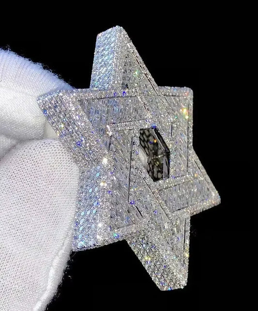 BiG-BOSS Iced Out Star Pendant Silver Tone Geometric Six Point Hip Hop Jewellery for Men and Women Fashion Statement Necklace Charm Style