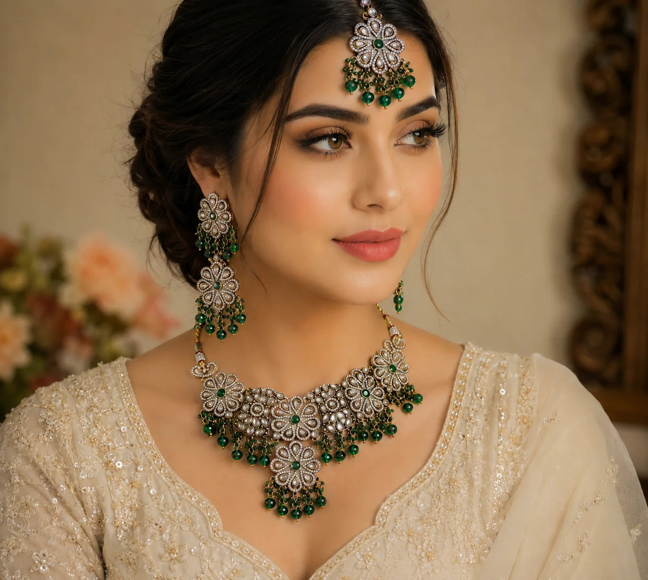 Luxury Green Floral AD Choker Necklace Set with Matching Earrings and Maang Tikka Cubic Zirconia Rhodium Plated Bridal Wedding