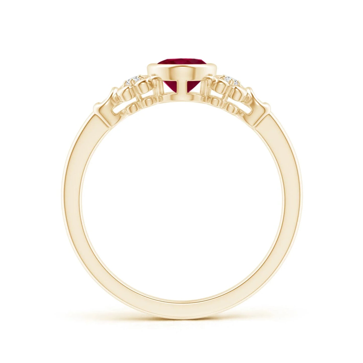 14K Solid Gold Vintage Style Bezel-Setting Oval Cut Natural Ruby Gemstone Ring with Side Diamonds Designer Band Engagement Ring