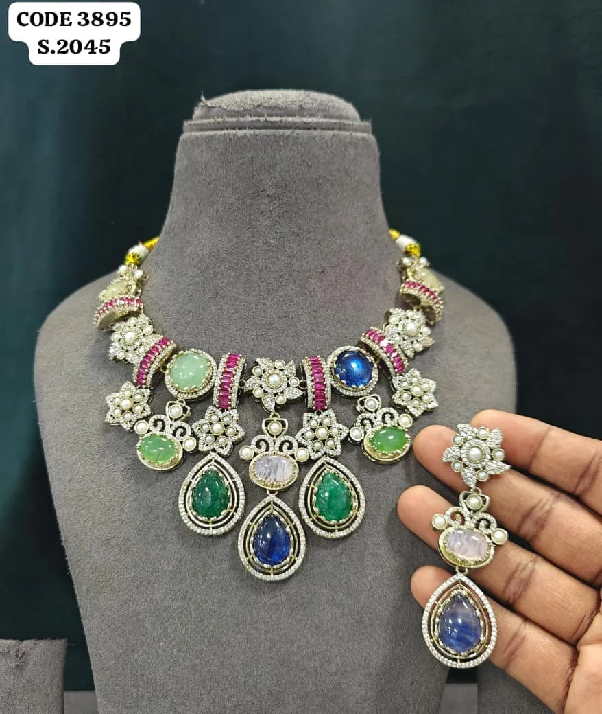 Luxury Antique Silver Finish Victorian Necklace Set with Green White Stones Designer Bridal Wedding Party Jewelry Set