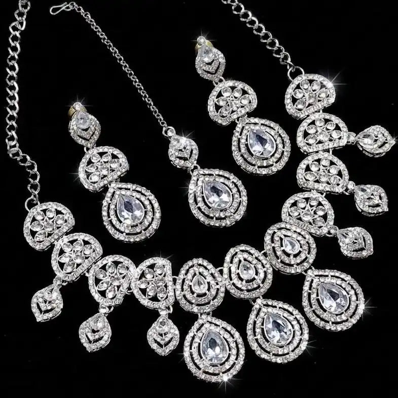 Luxury Blue Cubic Zirconia Bridal Jewelry Set Silver Plated Necklace Earrings Maang Tikka Wedding Wear Women Luxury set forgirl