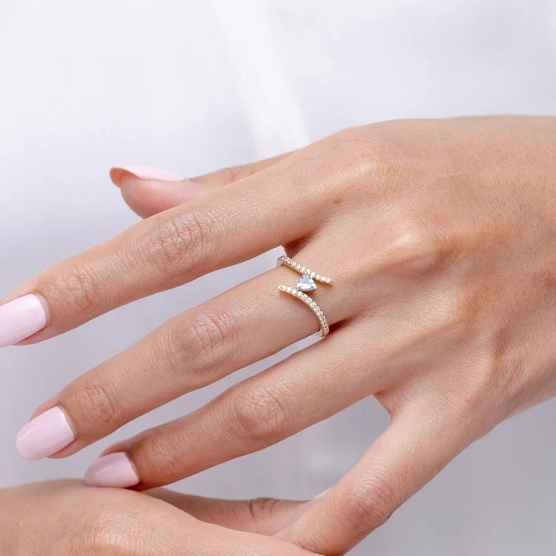 Classic Trillion Aquamarine Pisces Bypass Ring with Diamonds Handmade Customized Fine Jewelry Wedding Engagement 14K Solid Gold