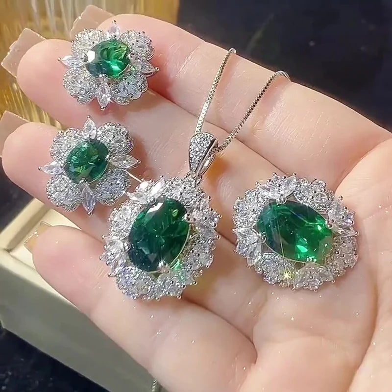 Gemfiori Luxury Women Flower Gemstone Jewelry Set Necklace Ring Earring Fashion High Quality CZ Synthetic Emerald Woman Wedding Jewellery