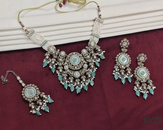 Lakshmi Luxury Oxidised Pearl Beaded Necklace Set with Aqua Blue Stones Designer Bridal Party Wear Jewelry Set with Earrings for women