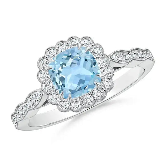 14K Solid Gold Cushion Aquamarine Ring with Floral Halo Handmade Customized Fine Jewelry Wedding Engagement