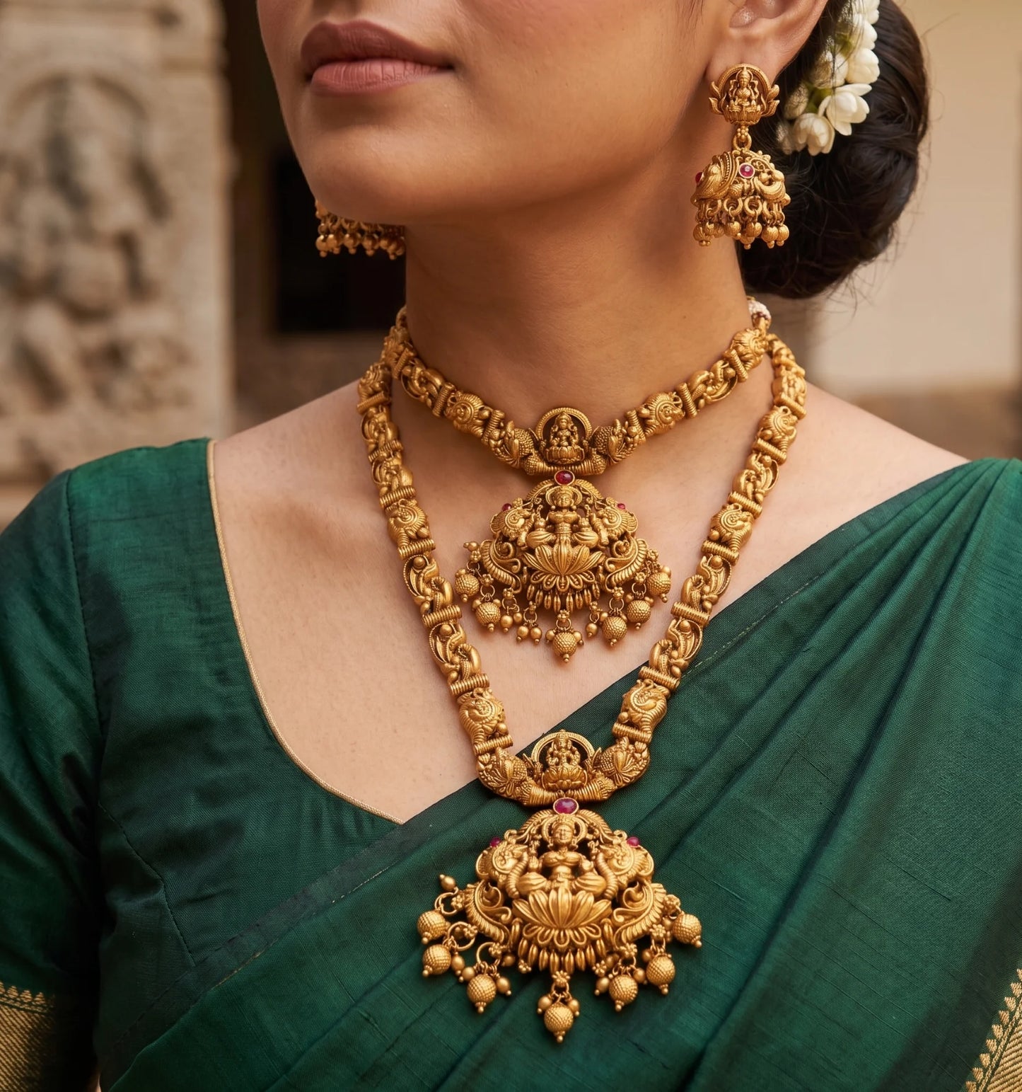 Divyoro Ethnic Classic 24K Gold Plated Necklace Earrings Set Women's Wedding Engagement Jewelry HINDUISM Tassel Design