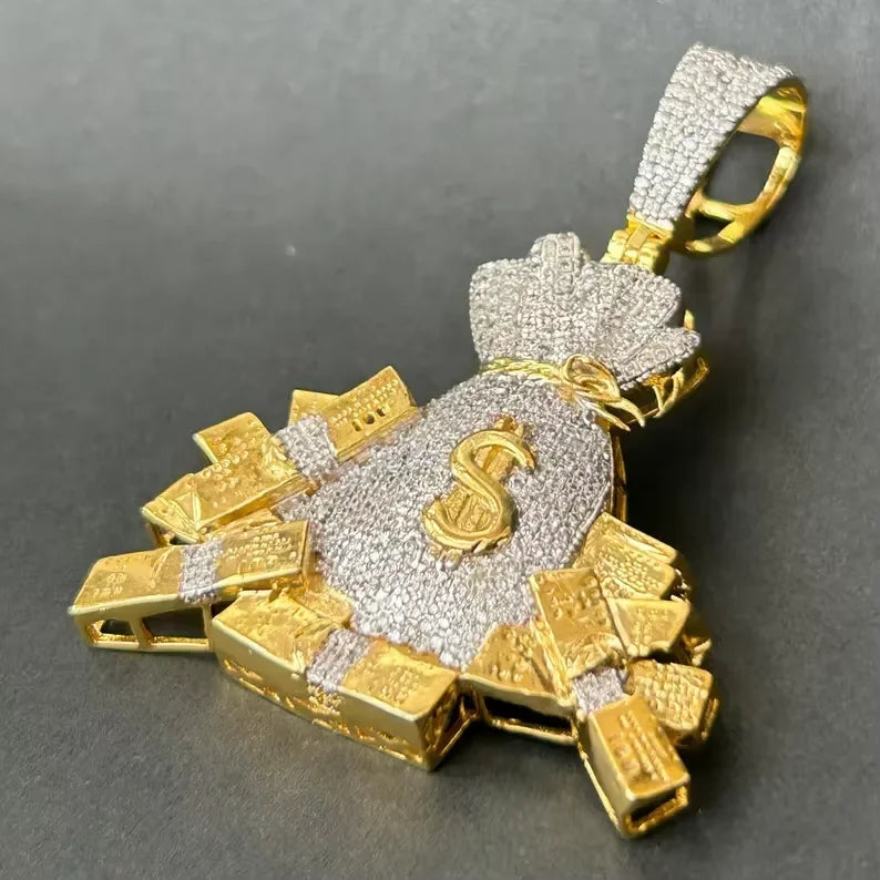 BiG-BOSS Iced Out Hip Hop Luxury Money Bag Pendant for Men Silver Finish Dollar Sign Design Cushion Cut Moissanite Sparkling Stones Party