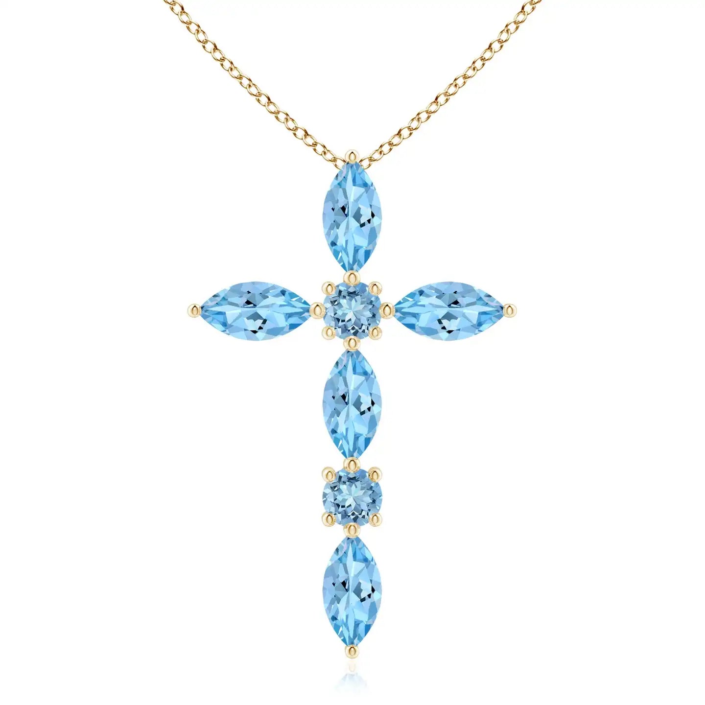 5x2.5MM Marquise & 2.5MM Round Cut 0.78Ct Aquamarine Cross Shape Pendant 14K 18K Solid Gold Unisex Christmas Gift Cross Pendant