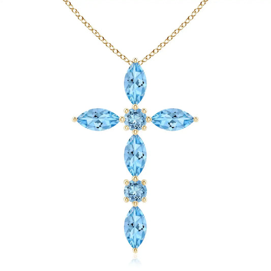 5x2.5MM Marquise & 2.5MM Round Cut 0.78Ct Aquamarine Cross Shape Pendant 14K 18K Solid Gold Unisex Christmas Gift Cross Pendant