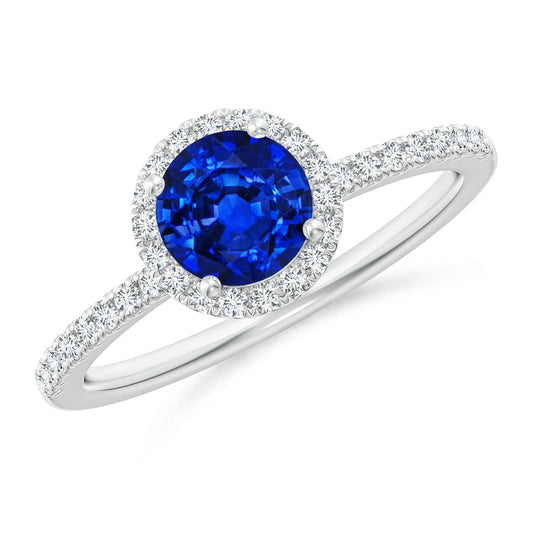 14K Gold Classic 6MM Round Cut 1.10Cts Blue Sapphire & 0.1Ct Diamond Halo Engagement Ring Customized Handmade Fine Jewelry Ring