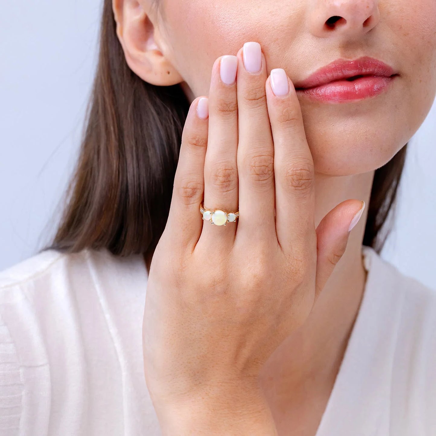 14k Solid Gold 7mm & 4mm 2.20 Ctw Round Cut Opal With pave Accent Diamond Ring Three Stone Prong Sett Trilogy Ring Fine Jewelry