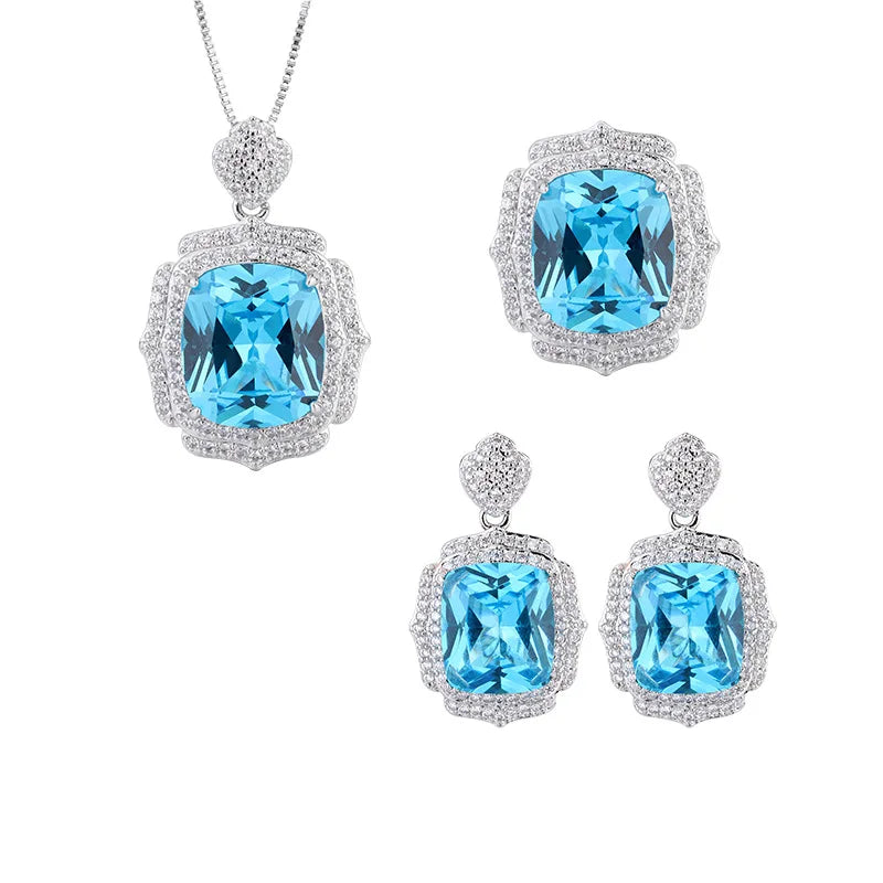 Gemfiori New Luxury Rectangle Cut Simulated Emerald Jewelry Set Platinum Plated Zircon Pendant Necklace Ring Drop Earring Wedding Jewelry