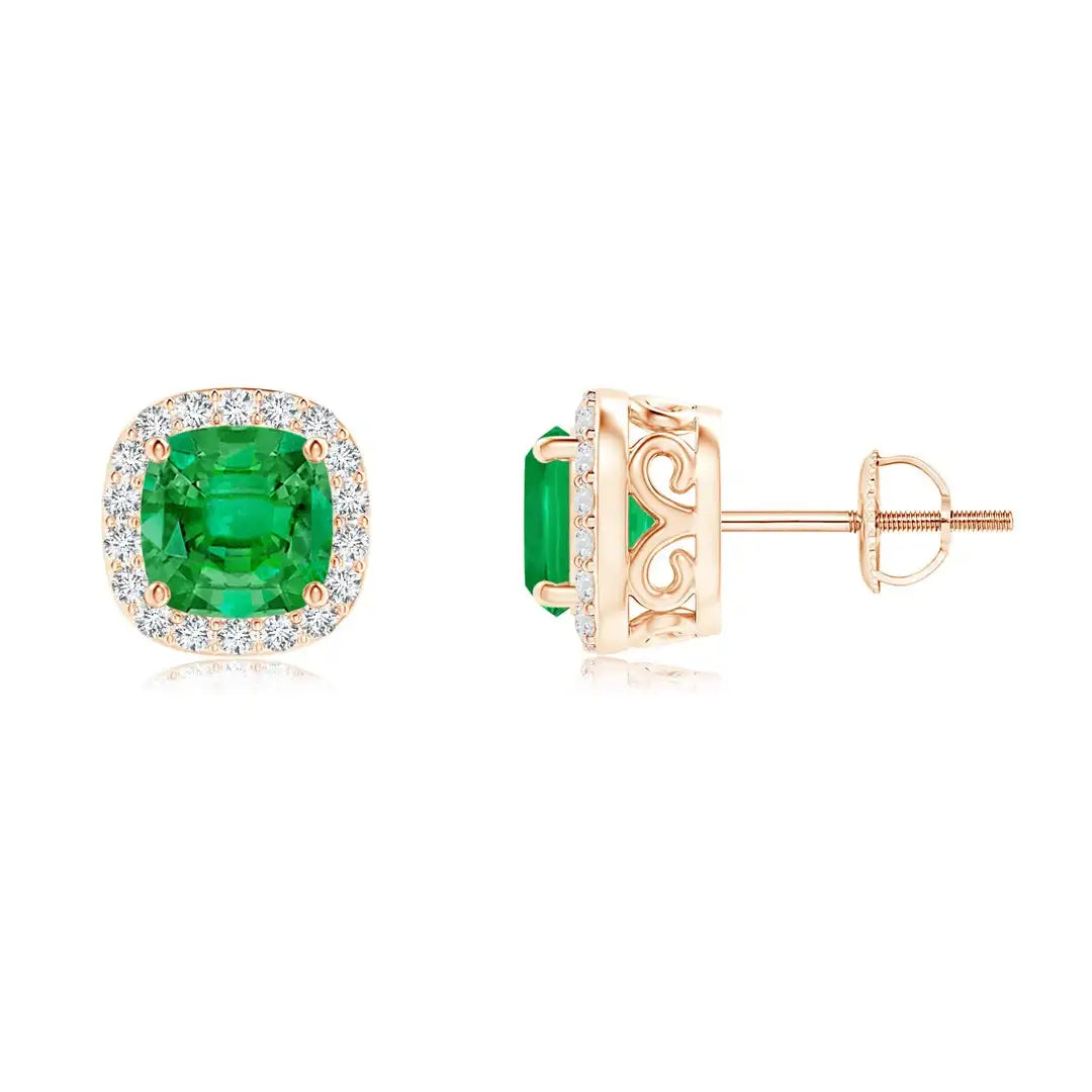 Emerald Diamond Halo Stud Earrings in 14K Rose Gold, Cushion Cut Green Gemstone Fine Jewelry Gift for Fiance