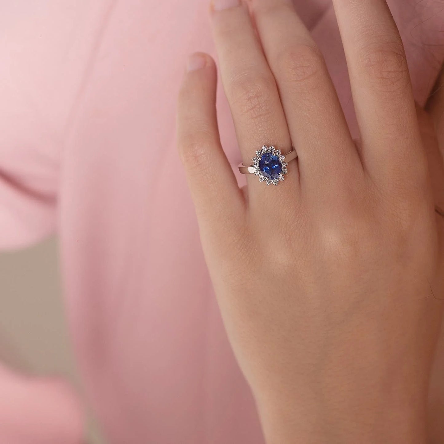 14K 18K Pure Gold Princess Diana Inspired Oval Cut Natural Blue Sapphire Engagement Ring with Diamond Hidden Halo Solitaire Ring