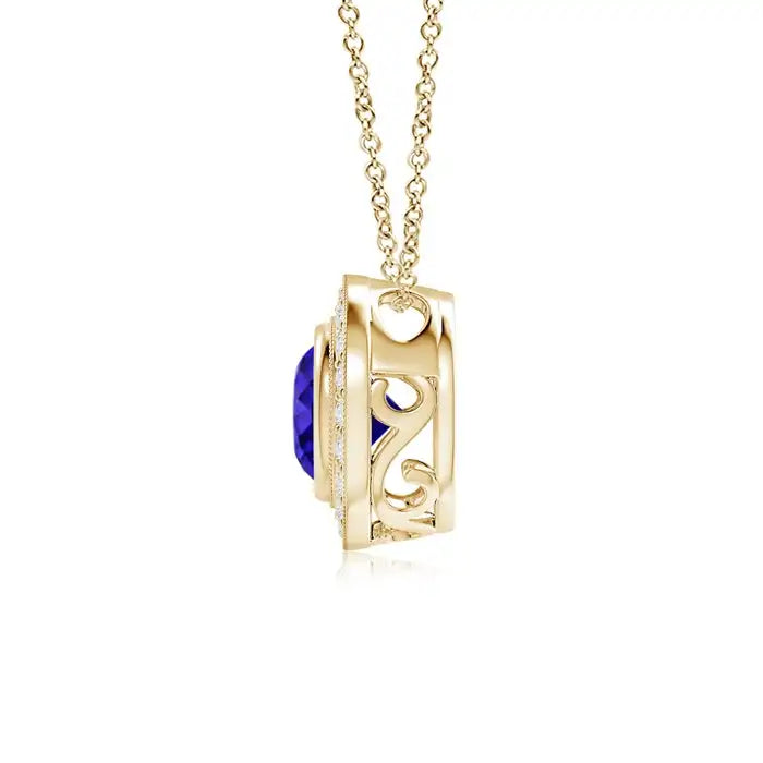 Classic Fine Jewelry 14K 18K Solid Gold Bezel-Set Natural Round 4MM 0.24Ctw Tanzanite Pendant With Diamond Halo Anniversary Gift