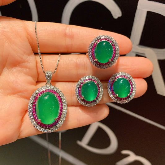 Gemfiori Luxury Oval Cabochon Green Chalcedony Double Halo Ruby White CZ Pendant Necklace Ring Earring Simulated Emerald Jewelry Set Gift